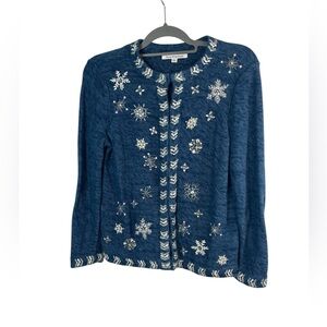 Mercer Street Studio‎ blue holiday rhinestone snowflake cardigan sweater size M